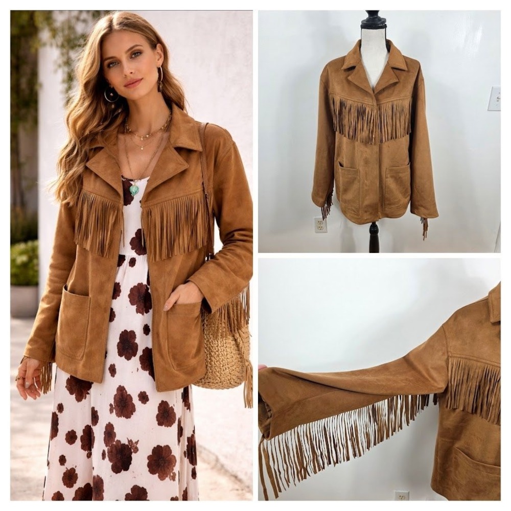 Abercrombie & Fitch Fringe Jacket Women Large Tan Vegan Suede Western Boho NEW